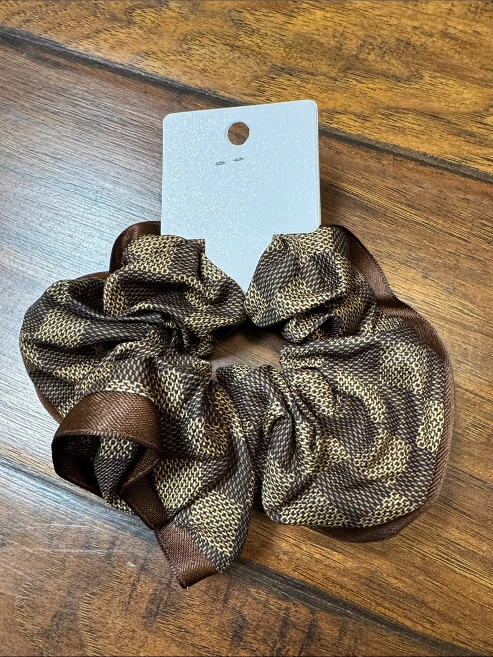 Ettas Brown Black Plaid Satin Reversible Oversized Scrunchie NWT